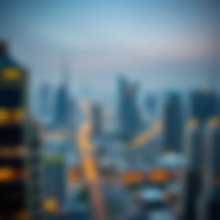 Dubai Skyline and Residential Zones Aerial view of Dubai skyline showcasing residential areas
