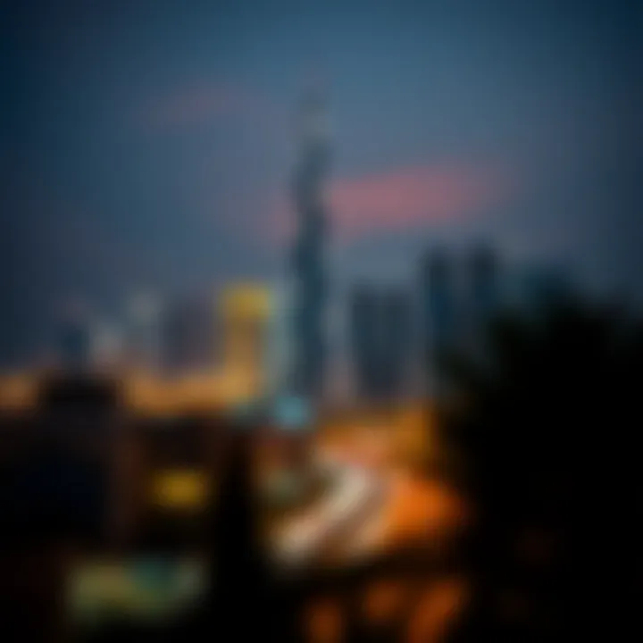 Evening skyline of Dubai with Al Ikhlas Tower illuminated