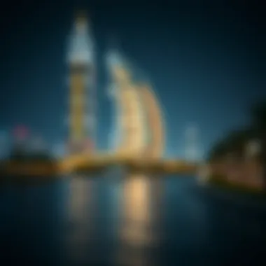 Night view of Al Sarraf Building illuminating the Dubai skyline