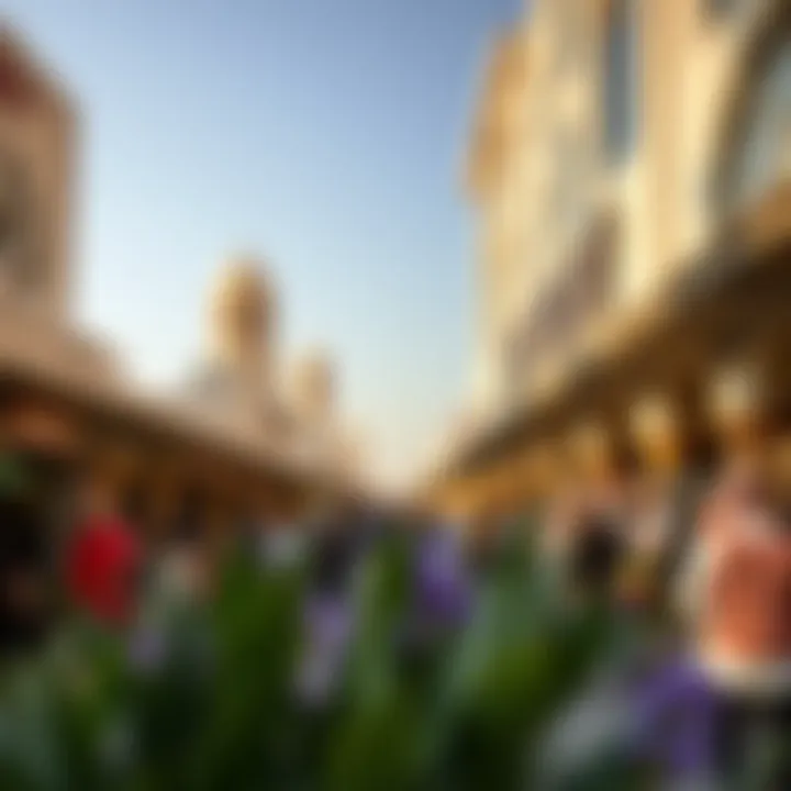 A panoramic view of Aswaaq Al Mizhar market showcasing its unique architecture