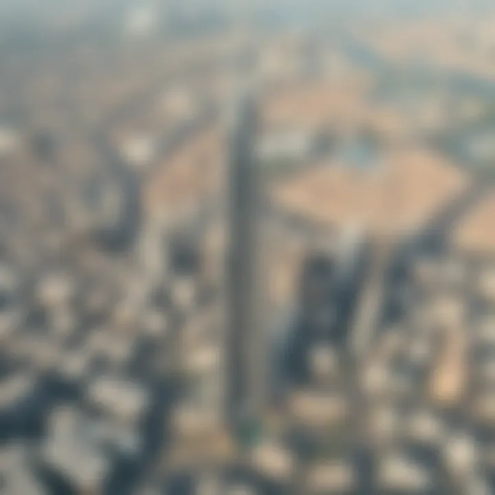 An aerial view of the Burj Khalifa surrounded by urban development