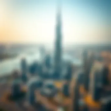 Aerial shot of Dubai skyline with Burj Khalifa as the focal point