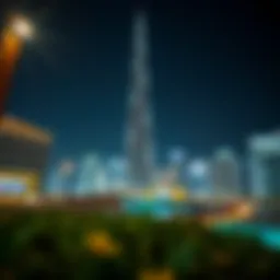 A stunning view of the Burj Khalifa illuminated at night