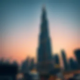 View of Burj Khalifa at dusk showcasing its towering presence