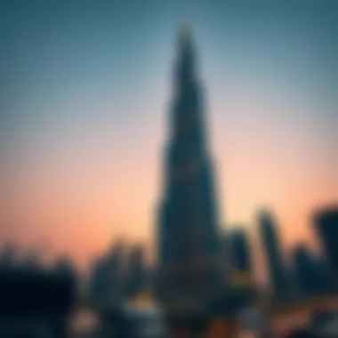 View of Burj Khalifa at dusk showcasing its towering presence