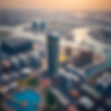 Aerial Perspective of Business Bay with Damac Tower Aerial view of Business Bay area highlighting the Damac Tower's strategic location