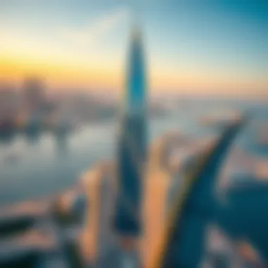 Aerial shot of Dubai skyline featuring Dolphin Tower prominently