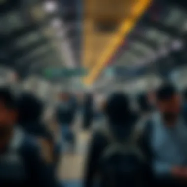 Crowded Dubai Metro Station During Peak Hours Passengers utilizing the Dubai Metro system during peak hours