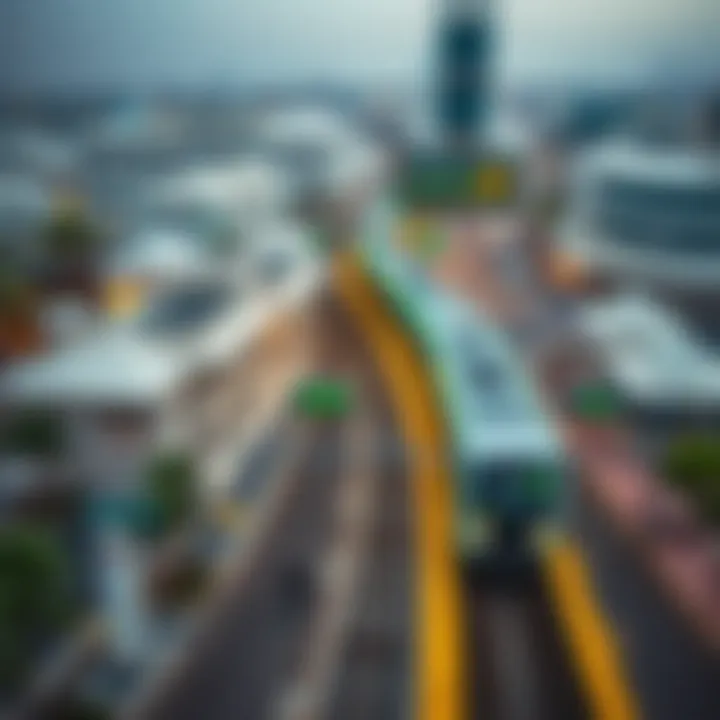 Aerial view of Dubai Metro Green Line at a bustling station