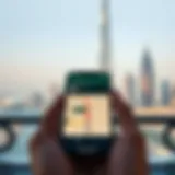 A sleek smartphone displaying a navigation app with Dubai's skyline in the background