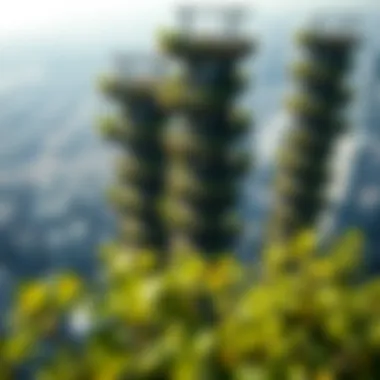 Aerial perspective of multiple hanging garden towers in a cityscape