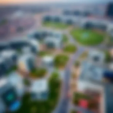Aerial view of Al Jurf showcasing its modern architecture and green spaces