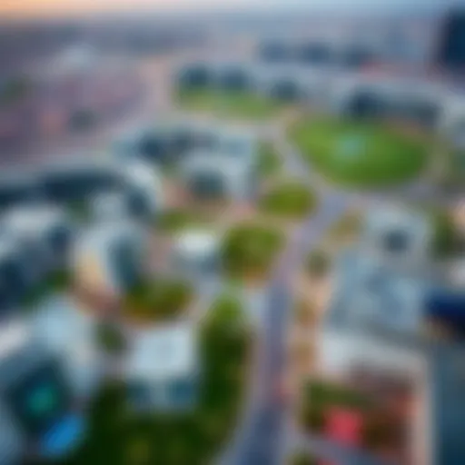 Aerial view of Al Jurf showcasing its modern architecture and green spaces
