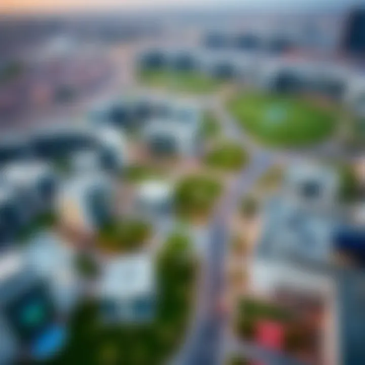 Aerial view of Al Jurf showcasing its modern architecture and green spaces