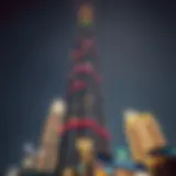 Dramatic view of Ameri Tower illuminated at night