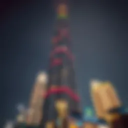 Dramatic view of Ameri Tower illuminated at night