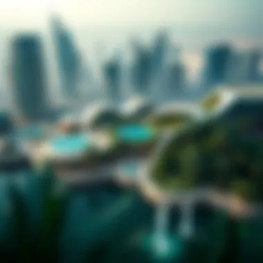 Aerial view of a luxurious aura garden integrated into a modern Dubai skyline