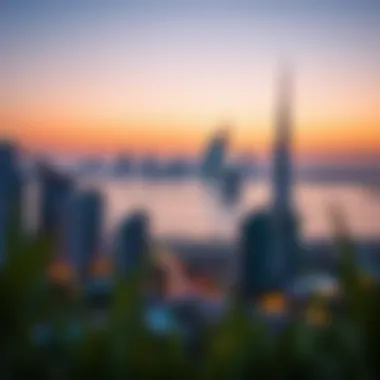 Jumeirah Beach Residence Skyline at Sunset Stunning view of Jumeirah Beach Residence skyline at sunset