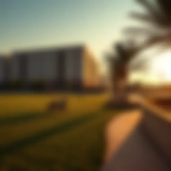 Community park in Dubai Meadows with families enjoying outdoor activities