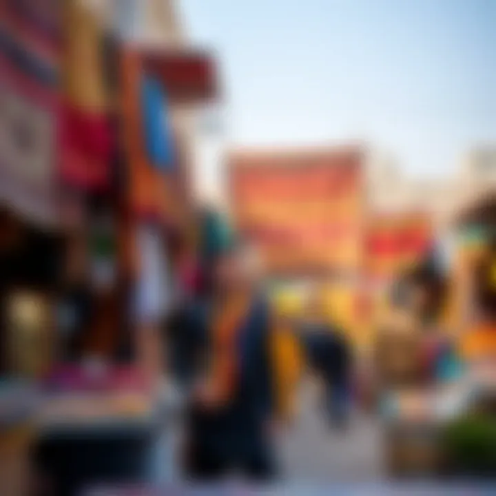 The vibrant atmosphere of the Dubai Souk with colorful textiles
