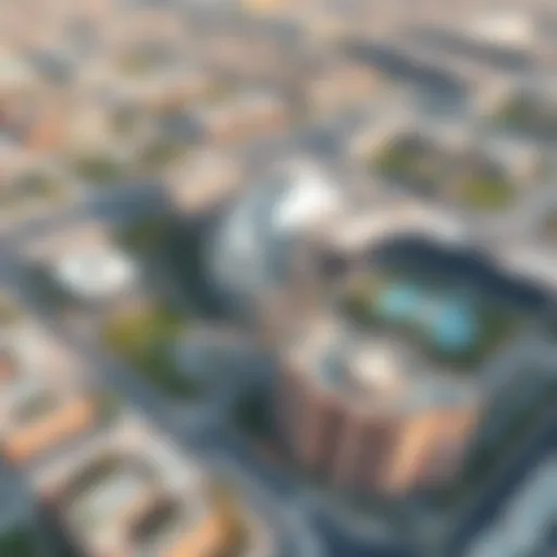 Aerial view of Expo Village showcasing modern architecture and green spaces