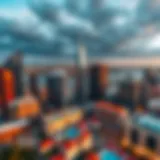 Aerial view of Gate District Four showcasing its modern skyline