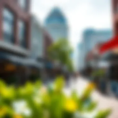 Vibrant street scene in Gate District Four with shops and cafes