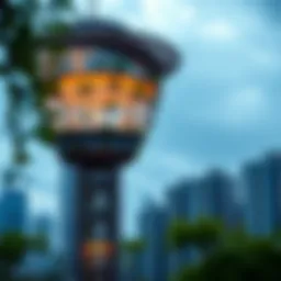 A stunning view of a hanging garden tower amidst an urban skyline