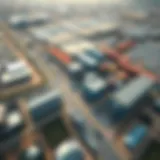 Aerial view of a bustling industrial park in Dubai showcasing modern facilities and infrastructure