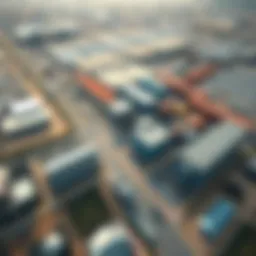 Aerial view of a bustling industrial park in Dubai showcasing modern facilities and infrastructure
