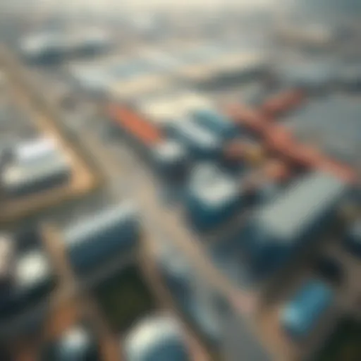 Aerial view of a bustling industrial park in Dubai showcasing modern facilities and infrastructure