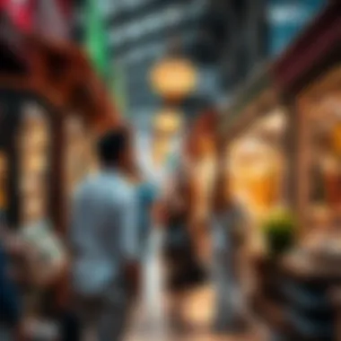 A bustling market scene featuring shoppers exploring various jalabiya shops.