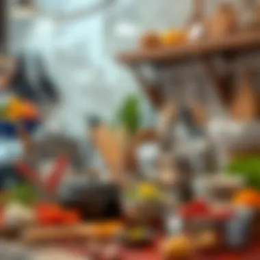 Artistic Culinary Influences in Al Quoz Artistic display of kitchen utensils and ingredients symbolizing local culinary traditions.