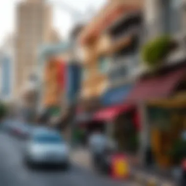A bustling street in Karama showcasing residential buildings and local shops
