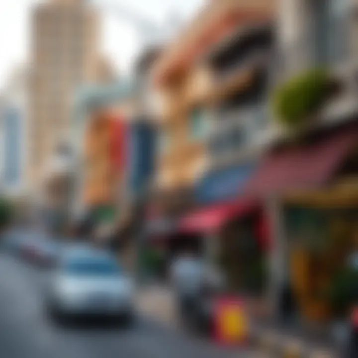 A bustling street in Karama showcasing residential buildings and local shops