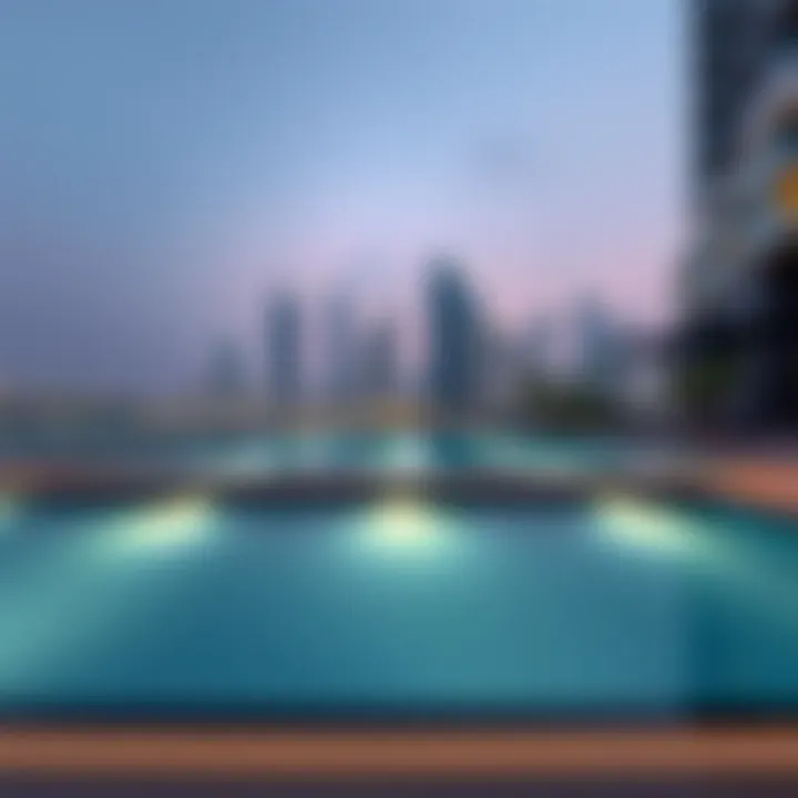 Inviting Swimming Pool Area at Rotana Jaddaf Inviting swimming pool area with stunning city skyline backdrop