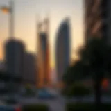 Stunning view of Saif Tower at sunset highlighting its unique architectural design