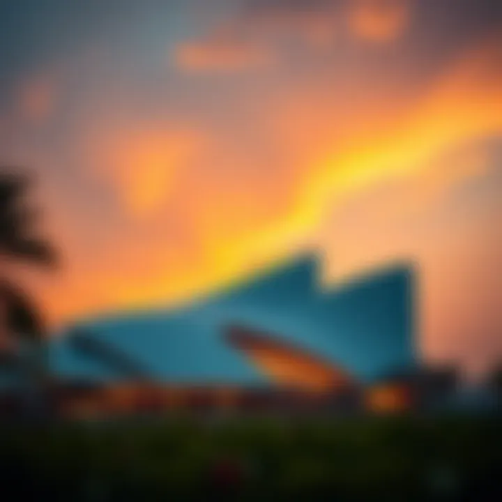 The stunning architecture of the Dubai Opera against a sunset sky