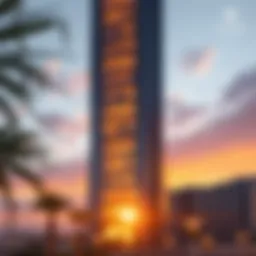 Stunning architectural view of the Pinnacle Tower at sunset