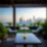 Breathtaking view of the rooftop garden lounge at Al Qana, showcasing lush greenery and urban skyline