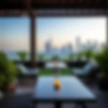 Stunning Rooftop Garden Lounge with Urban Skyline Breathtaking view of the rooftop garden lounge at Al Qana, showcasing lush greenery and urban skyline