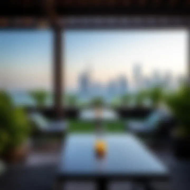 Stunning Rooftop Garden Lounge with Urban Skyline Breathtaking view of the rooftop garden lounge at Al Qana, showcasing lush greenery and urban skyline