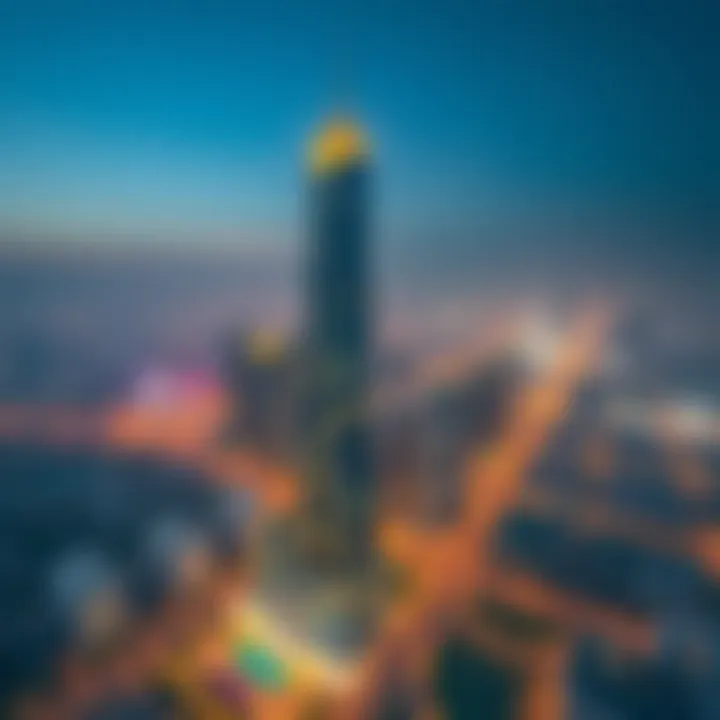 Aerial view of Dubai with the Zabeel Building prominently featured