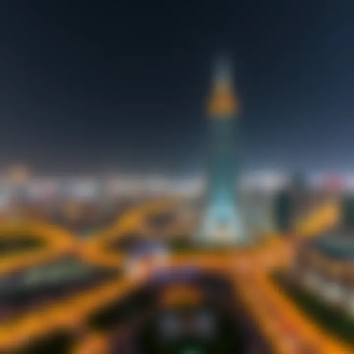 A panoramic view of Dubai Festival City featuring the Festival Tower illuminated at night