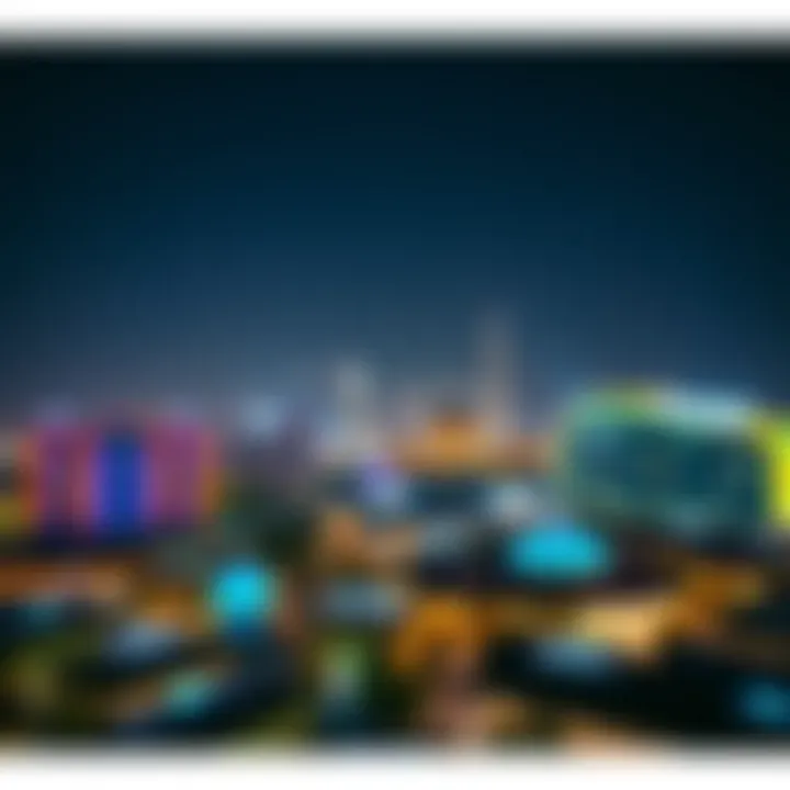 Nighttime illumination of Global Village reflecting on Dubai's skyline