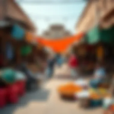 A vibrant marketplace scene within قصر الهند المشرف مول, depicting local commerce