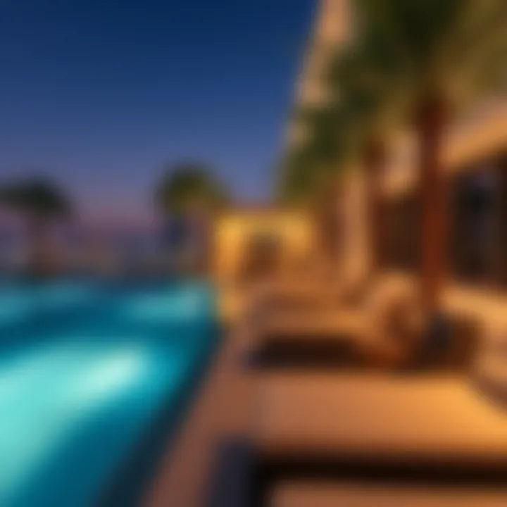 Poolside relaxation area with city views