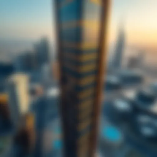 Aerial view of Millennium Tower showcasing its unique architecture against Dubai's skyline