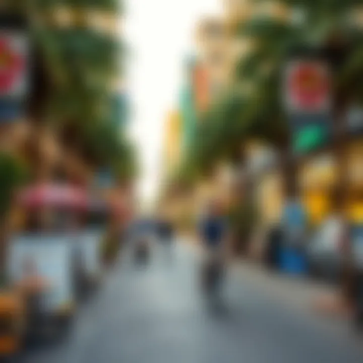 A vibrant street scene in Al Barsha, highlighting local shops and cafes