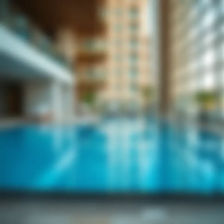 Amenities featured in Al Raqa studio apartments, including pools, gyms, and lounges